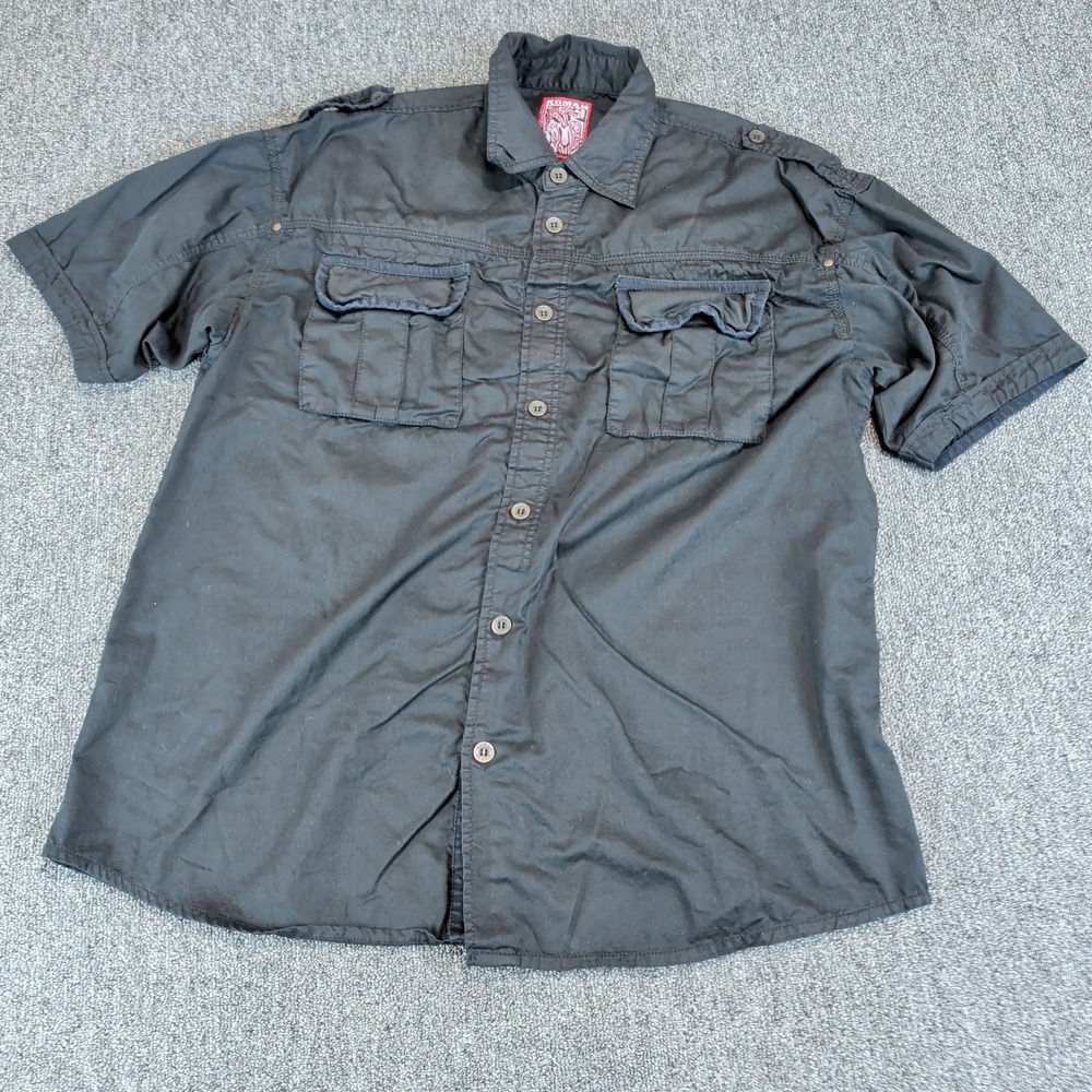 Koman Mens Shirt Medium Black Cotton Short Sleeve Military Utility Cargo Work M